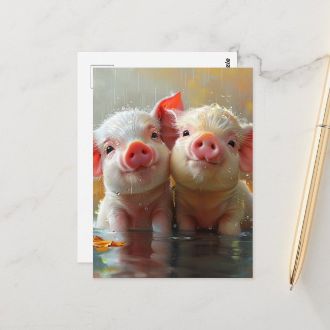 Liebliche Ferkel im Regen Postkarte (Vorderseite/Rückseite Beispiel)