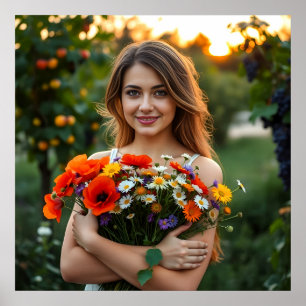 Liebliche Girl mit Bouquet von Daisies und Poppies Poster