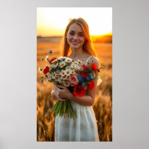 Liebliche Girl mit Bouquet von Daisies und Poppies Poster