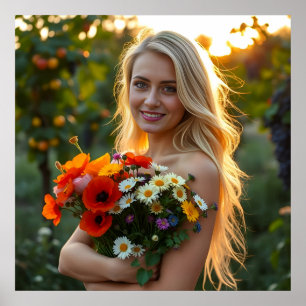 Liebliche Girl mit Bouquet von Daisies und Poppies Poster