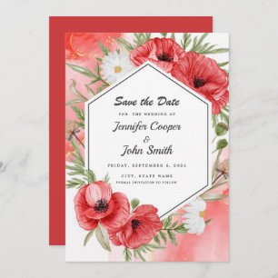 Liebliche Hochzeit mit Roten Poppies in Wasserfarb Save The Date