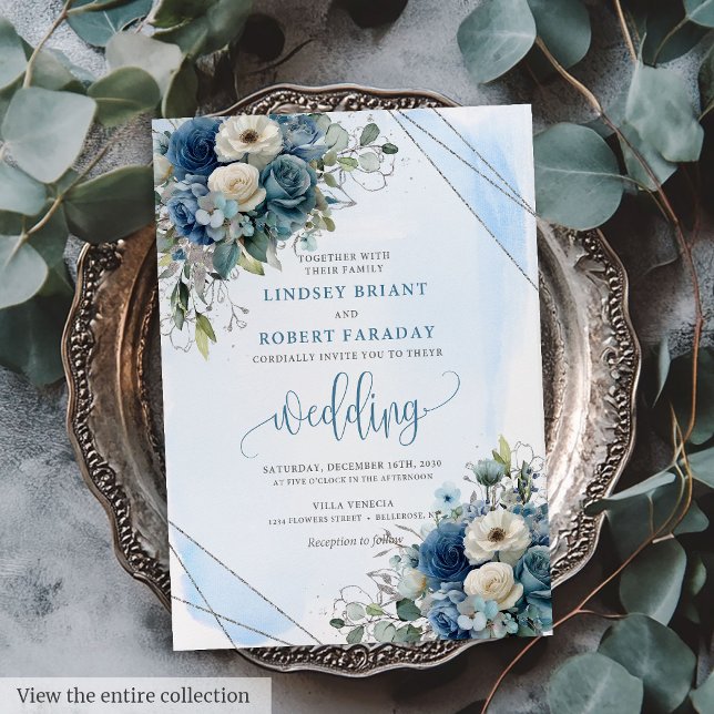 Liebliche Hochzeitsfeier in blauem Silber Einladung (Lovely Navy Blue Silver White Roses Wedding Invite)