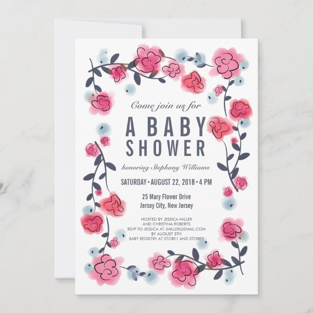Liebliche Hübsche Pink Floral Baby Dusche Einladun Einladung (Vorderseite)
