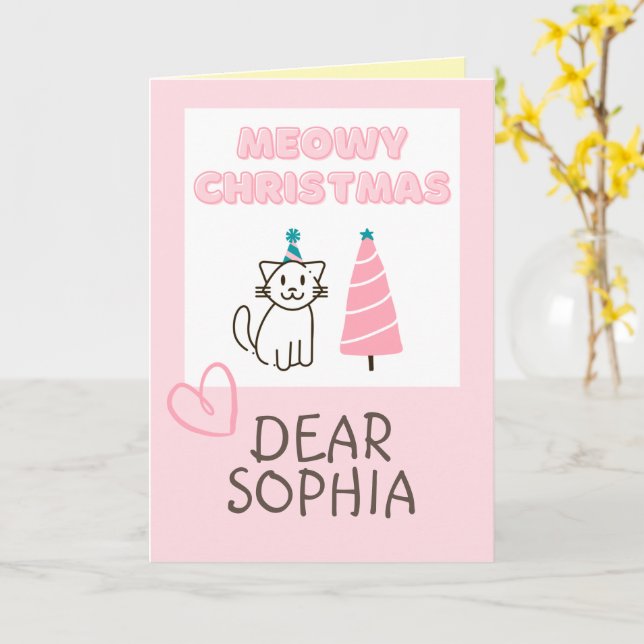 Liebliche Katze in einem Hut und Tree Happy Christ Karte (Gelbe Blume)