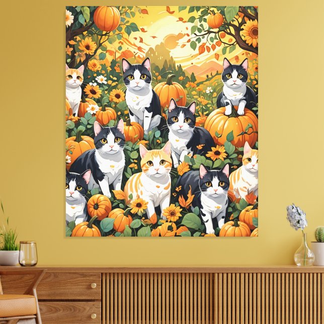 Liebliche Katzen und Kürbis in die Herbstsaison Leinwanddruck (Insitu (Wohnzimmer))