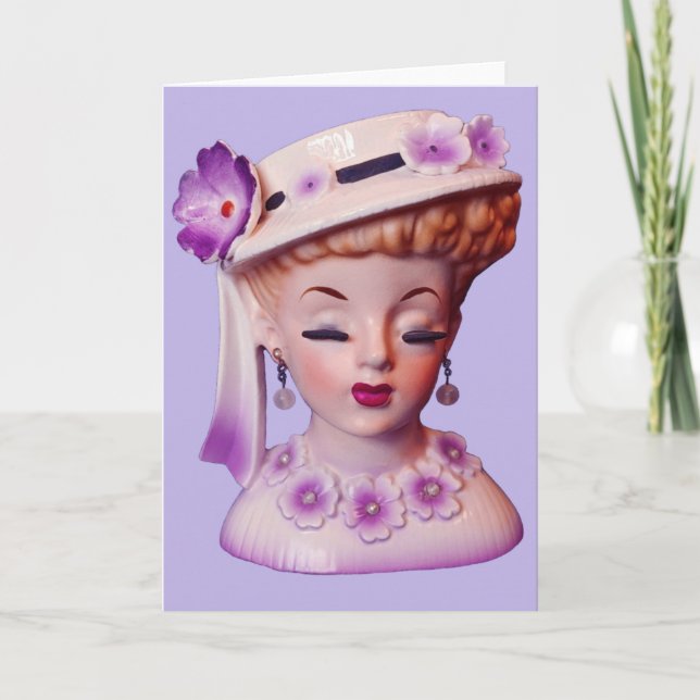 Liebliche Lady Head Vase Purple Flowers Puppe aus  Karte (Vorderseite)