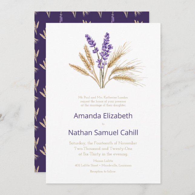 Liebliche Lavender & Wheat Wedding Einladung (Vorne/Hinten)