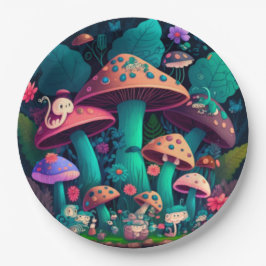 Liebliche niedliche Elfen spielen unter Pilzen und Pappteller