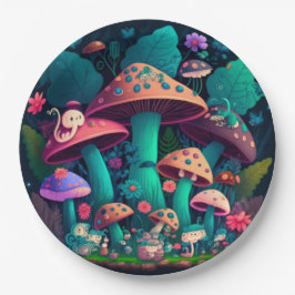 Liebliche niedliche Elfen spielen unter Pilzen und Pappteller