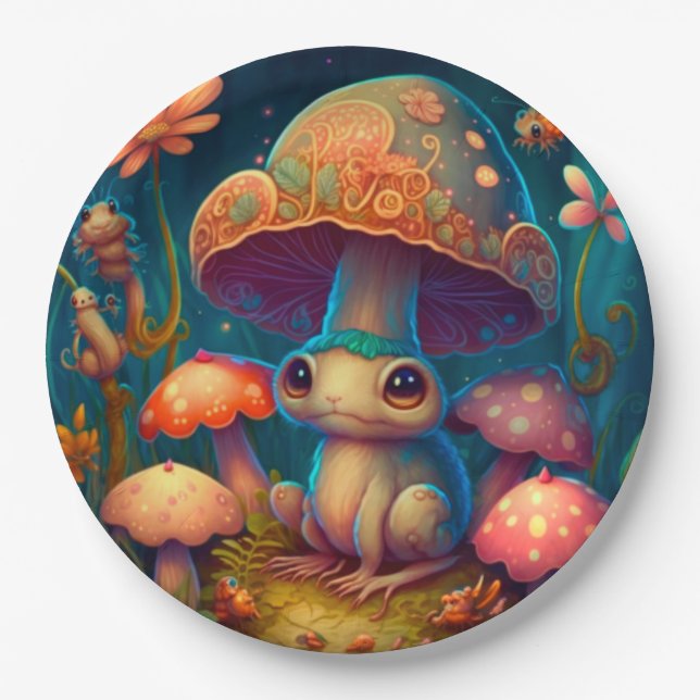 Liebliche niedliche Elfen spielen unter Pilzen und Pappteller (Vorderseite)