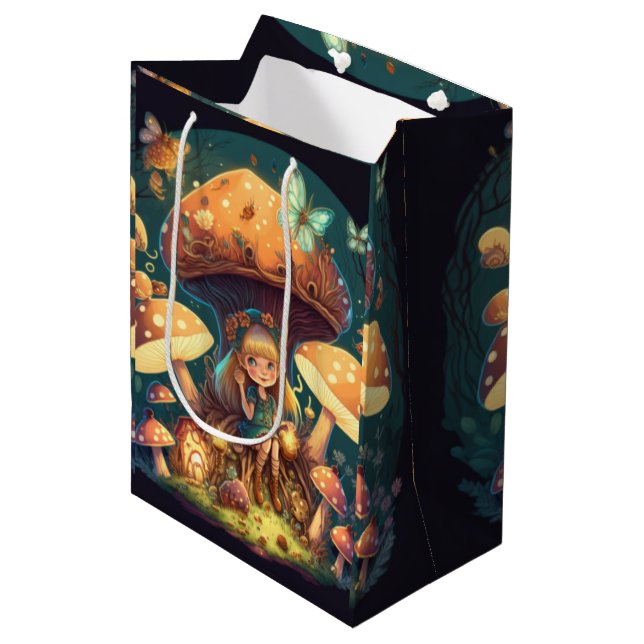 Liebliche niedliche Elfen spielen unter Pilzgesche Mittlere Geschenktüte (Vorderseite Schrägansicht)