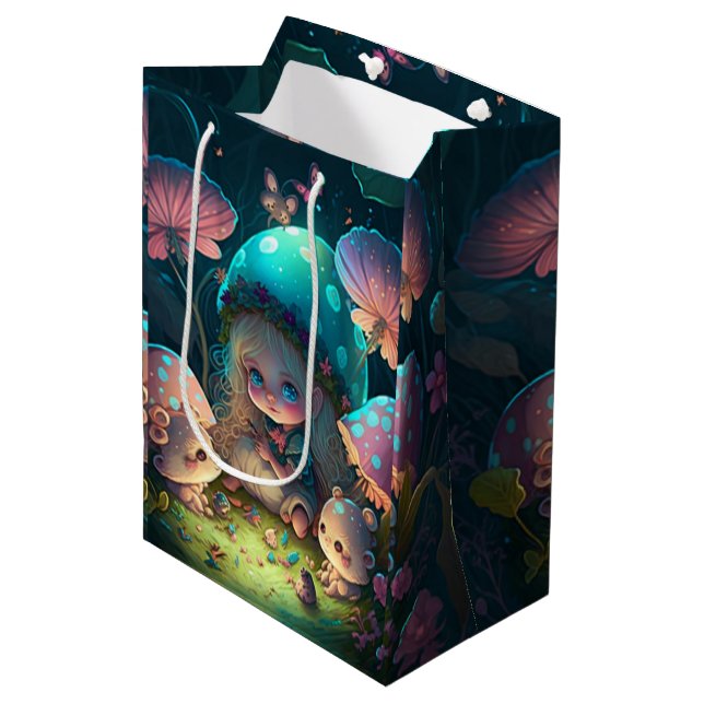 Liebliche niedliche Elfen spielen unter Pilzgesche Mittlere Geschenktüte (Vorderseite Schrägansicht)