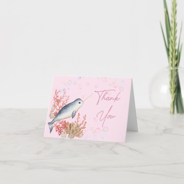 Liebliche Ozeanbaby Narwhal seashells Dankeskarte (Vorderseite)