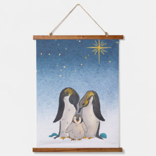 Liebliche Penguin-Familie Wasserfarbe Wandteppich Mit Holzrahmen