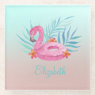 Liebliche rosa Flamingo Palmwedel Glasuntersetzer