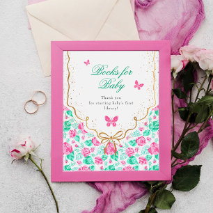 Liebliche rosa Rosenblume goldene Schleife Baby-Pa Poster