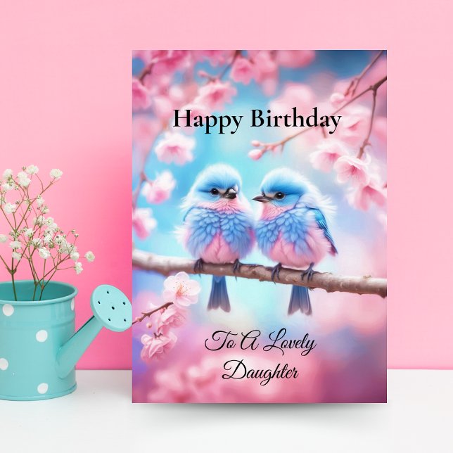Liebliche Tochter Pastel Fluffy Bluebirds Geburtst Karte (Charming daughter's birthday: Fluffy bluebirds and cherry blossoms in pastel hues.)