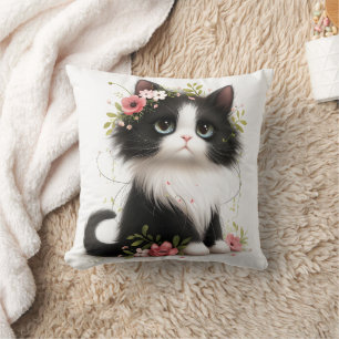 Liebliche Tuxedo Kitten mit Blume Kissen Kissen
