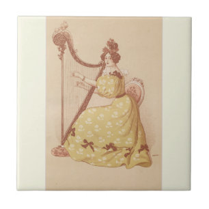 Liebliche Vintage Dame, die Musik auf Harfe spielt Fliese