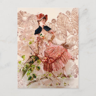 Liebliche Vintage Dame in rosa Kleid Postkarte