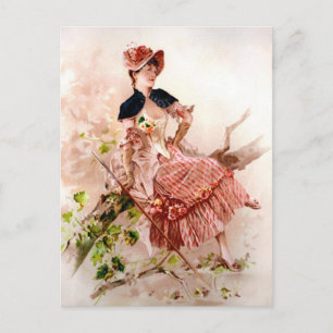 Liebliche Vintage Dame in rosa Kleid Postkarte