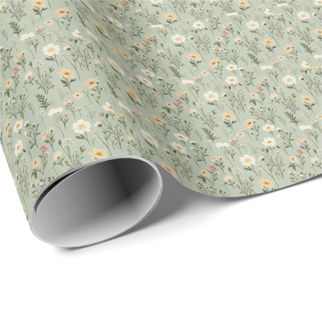 Liebliche Wiesenblumen auf Grün Geschenkpapier (Rolleneckpunkt)