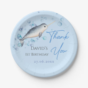 Lieblicher Baby-Junge Narwhal Blasen 1. Geburtstag Pappteller