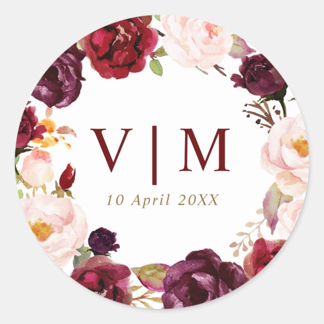 Lieblicher Bordeaux-Hochzeitsticker Runder Aufkleber (Vorderseite)