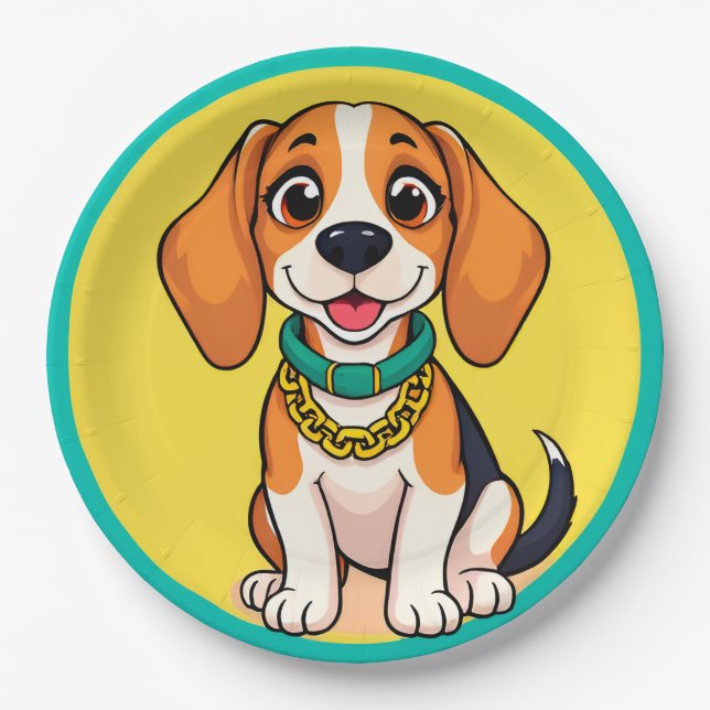 Lieblicher Cartoon Hund lächelt fröhlich Pappteller (Vorderseite)