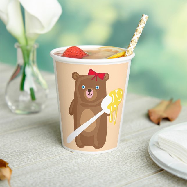 Lieblicher Honigbär mit Löffel und Rotem Bow Pappbecher (Von Creator hochgeladen)