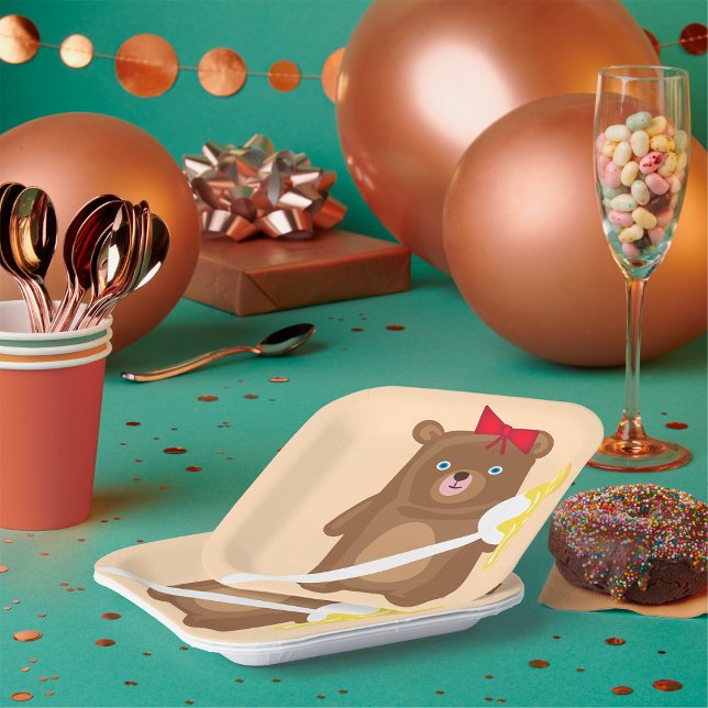 Lieblicher Honigbär mit Löffel und Rotem Bow Pappteller (Von Creator hochgeladen)