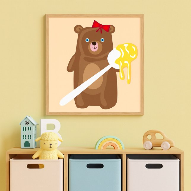 Lieblicher Honigbär mit Löffel und Rotem Bow Poster (Von Creator hochgeladen)