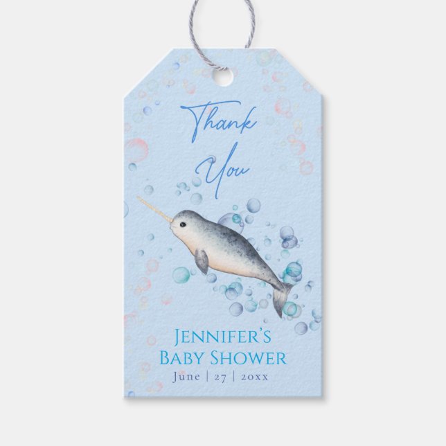 Lieblicher Ozean Baby Junge Narwhal & Bubbles Gesc Geschenkanhänger (Vorderseite)