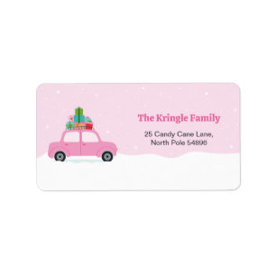 Lieblicher rosa Wagen mit Weihnachtsgeschenken in Adressaufkleber