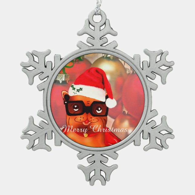 Lieblicher Santa-Bulldog mit Weihnachtsmannmütze Schneeflocken Zinn-Ornament (Vorderseite)