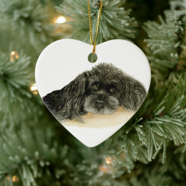 Lieblicher schwarzer Poodhund, optional personalis Keramik Ornament (Baum)