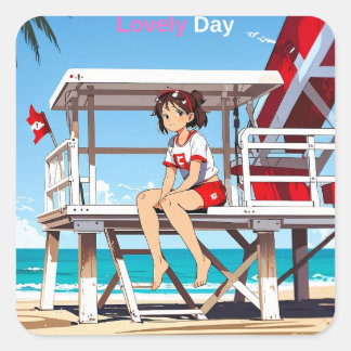 Lieblicher Tag mit mir am sonnigen Strand. Aufkleb Quadratischer Aufkleber