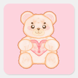 Lieblicher Valentintagsbär mit rotem Herzen Quadratischer Aufkleber