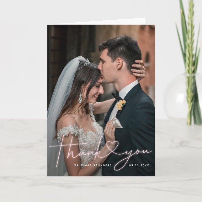 Liebliches Neon Pink Heart Wedding Foto Dankeskarte (Vorderseite)