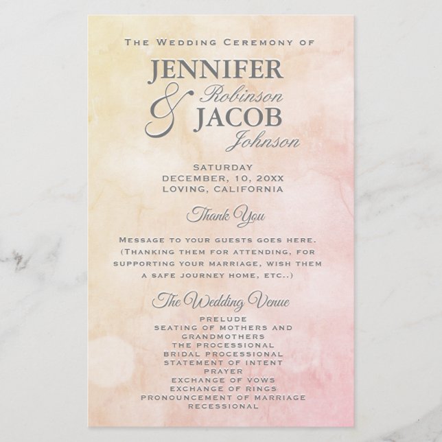 Liebliches Peach Wedding Programm (Vorderseite)
