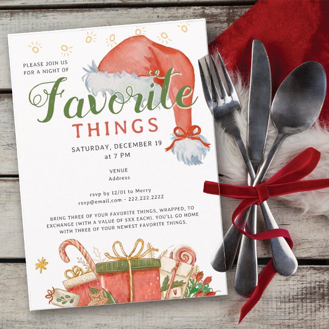Lieblings-Ding-Party-Feiertags-Geschenkaustausch Einladung (Favorite Things Party Holiday Red Gift Exchange Secret Santa White Elephant Office Family & Friends)