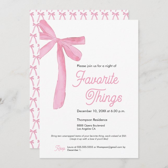 Lieblings-Dinge Party Niedlich Pink Bow Einladung (Vorne/Hinten)