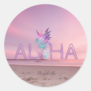 Liebreizender Aloha Hawaiianischer Ananas, Strand Runder Aufkleber