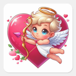 Liebreizender fliegender Cupid mit Herz und Pfeil Quadratischer Aufkleber