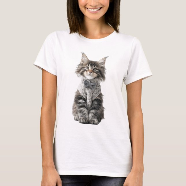 Liebreizendes Fluffiges Kätzchen mit Gestrickter F T-Shirt (Vorderseite)