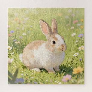 Liebreizige flauschige Hasen-Wildblumenwiese Puzzle