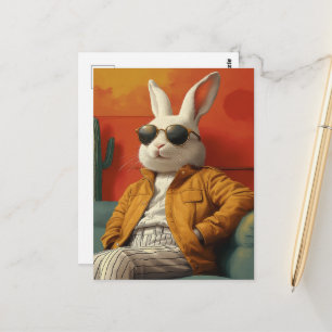 Liebreiziges weißes Kaninchen auf einem Sofa Postkarte