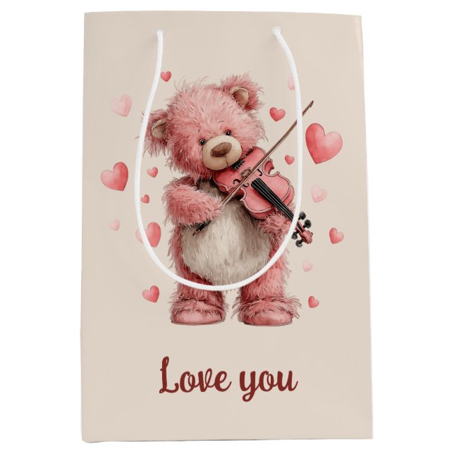 Liebst du Teddy mit Violine Mittlere Geschenktüte (Vorderseite)