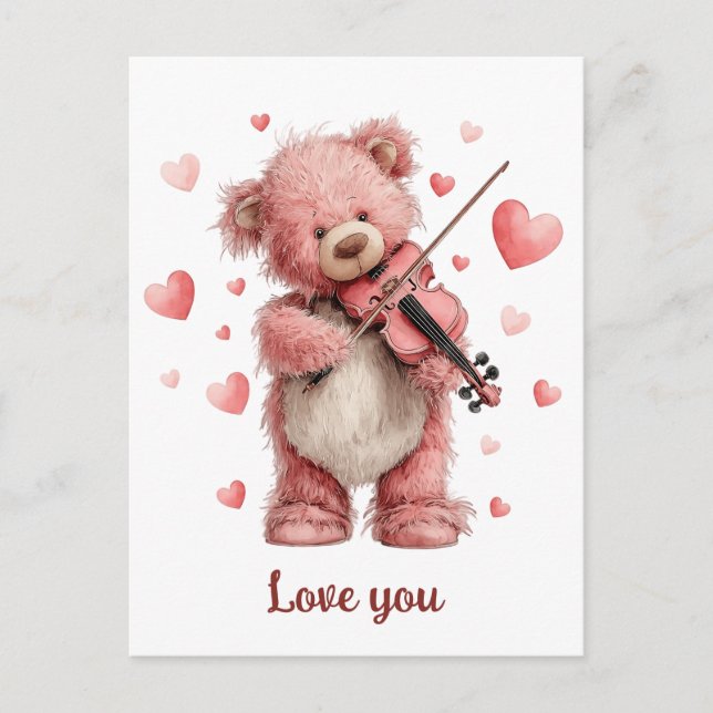 Liebst Du Teddy mit Violine Postkarte (Vorderseite)