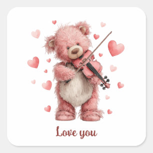 Liebst Du Teddy mit Violine Quadratischer Aufkleber